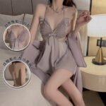 Sexy Ice Silk Plus Size Loungewear Set, Padded Push-Up Slip Dress with Bow & Outer Robe P3945