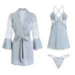 Autumn Satin Padded Cami Slip Dress, Women Sexy Deep V Tie Robe Loungewear Set 1170 - Image 4